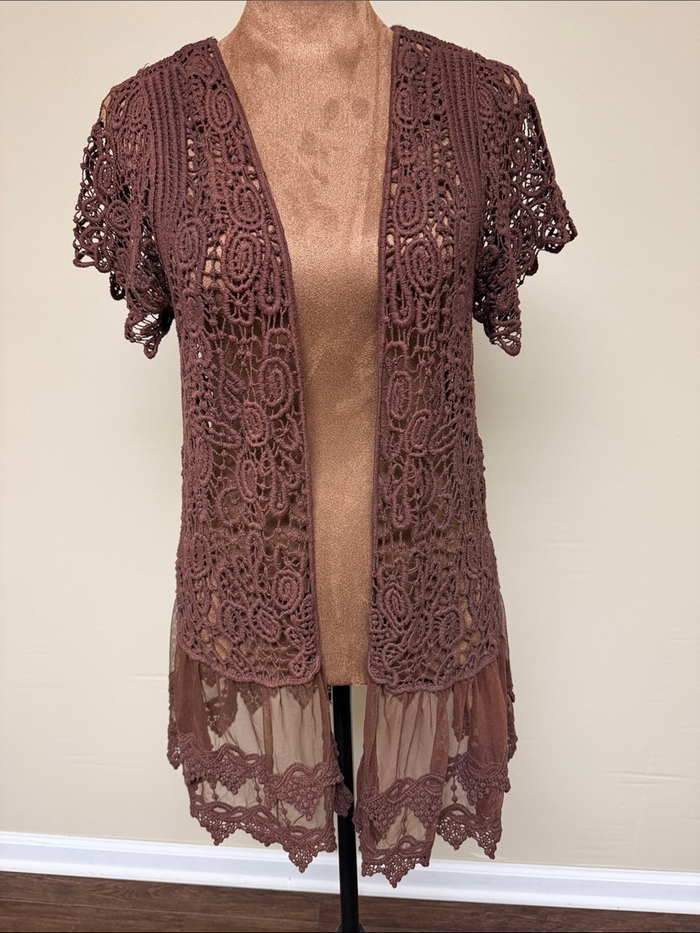 Brown Crochet Lace Open-Front Cardigan